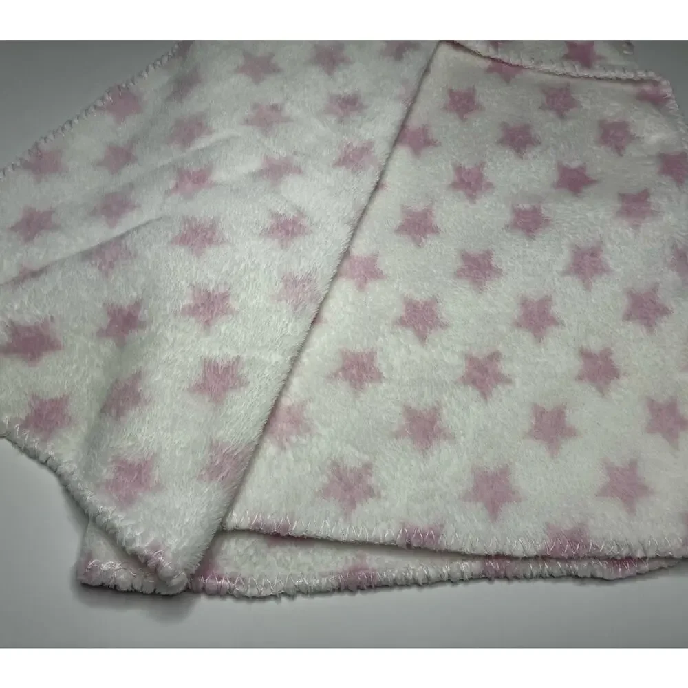 Silver One White Pink Stars Baby Blanket Plush Fleece Stitch Trim